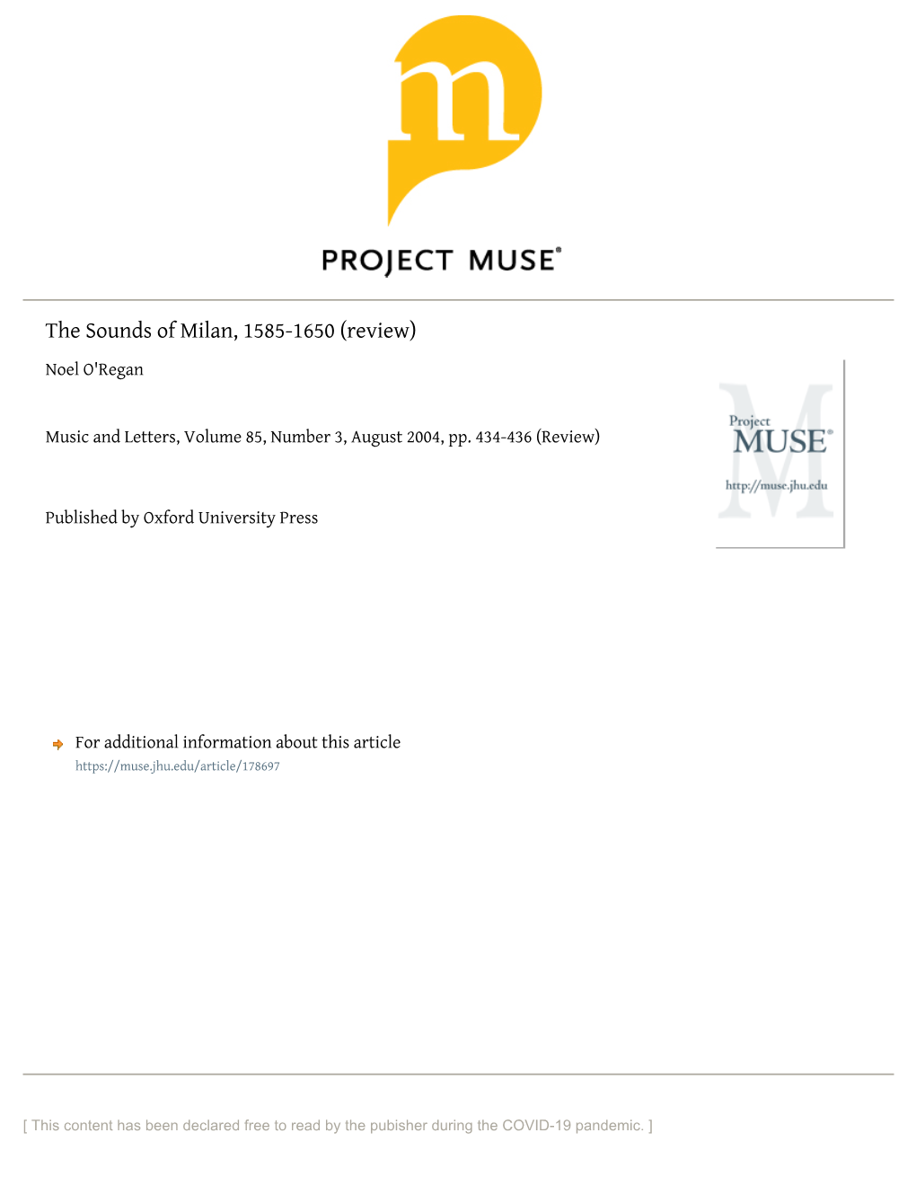 The Sounds of Milan, 1585-1650 (Review) Noel O'regan