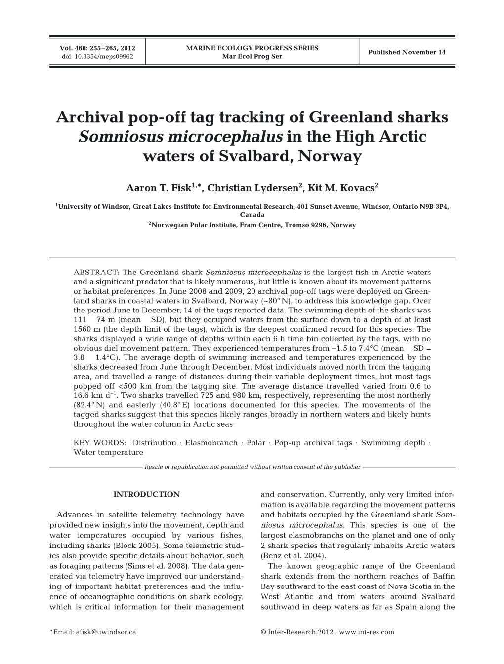 Archival Pop-Off Tag Tracking of Greenland Sharks Somniosus Microcephalus in the High Arctic Waters of Svalbard, Norway