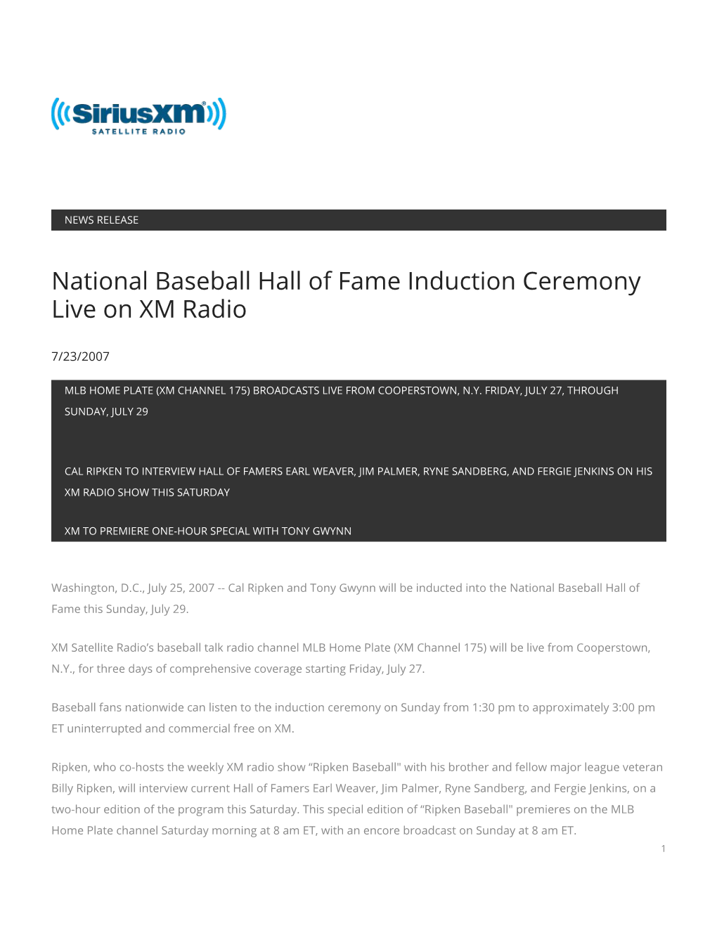 National Baseball Hall of Fame Induction Ceremony Live on XM Radio