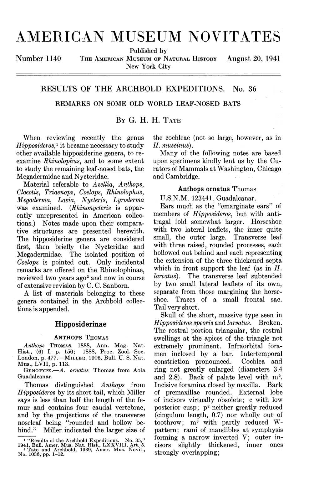 AMERICAN MUSEUM NOVITATESI Published by Number 1140 the AMERICAN MUSEUM of NATURAL HISTORY August 20, 1941 New York City