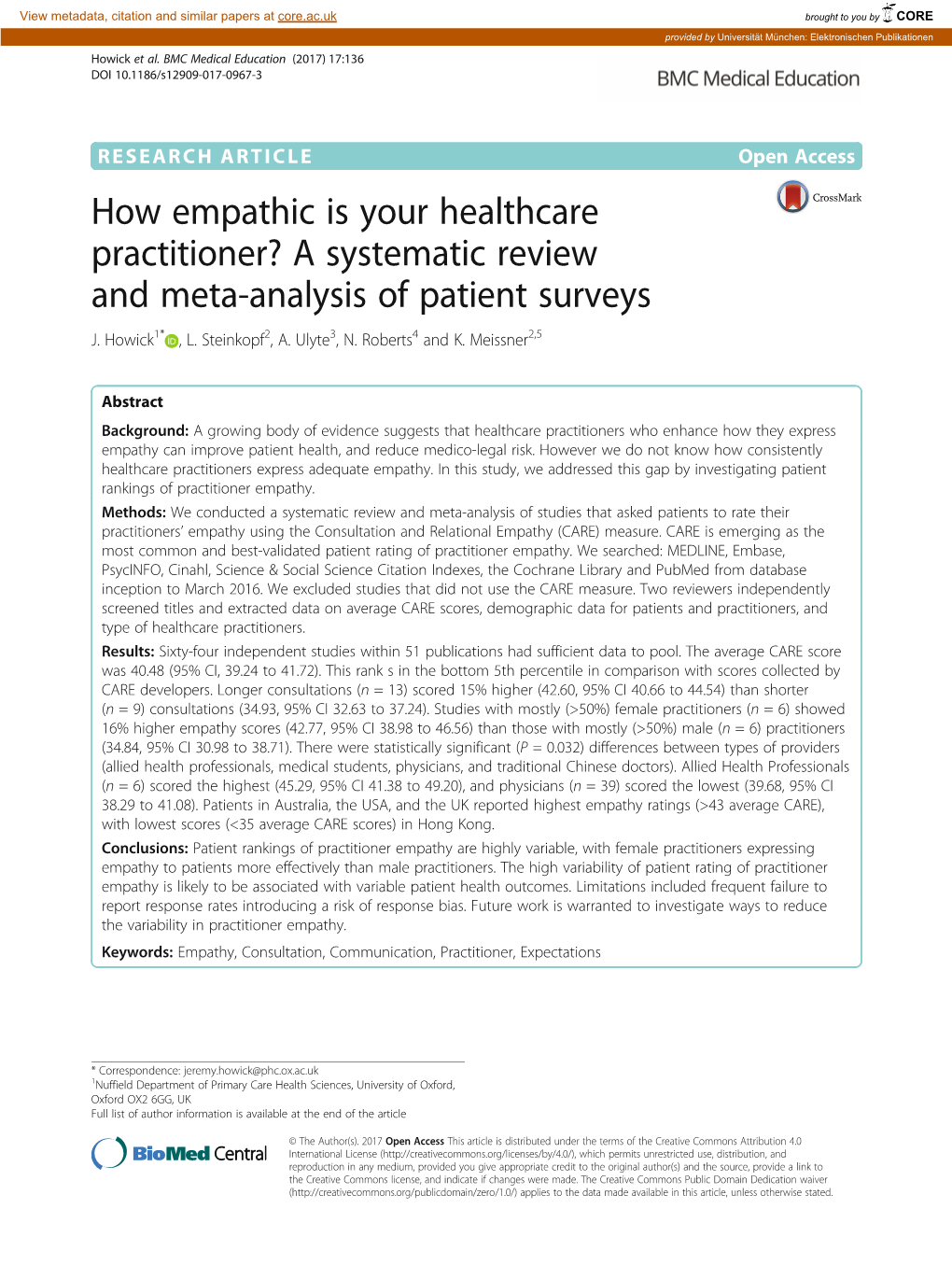 How Empathic Is Your Healthcare Practitioner? a Systematic Review and Meta-Analysis of Patient Surveys J