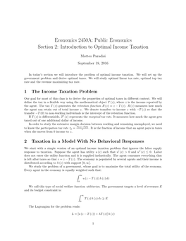 Economics 2450A: Public Economics Section 2: Introduction to Optimal Income Taxation