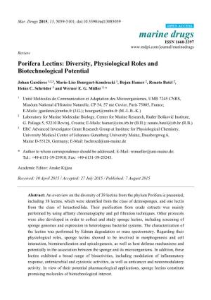 Porifera Lectins: Diversity, Physiological Roles and Biotechnological Potential