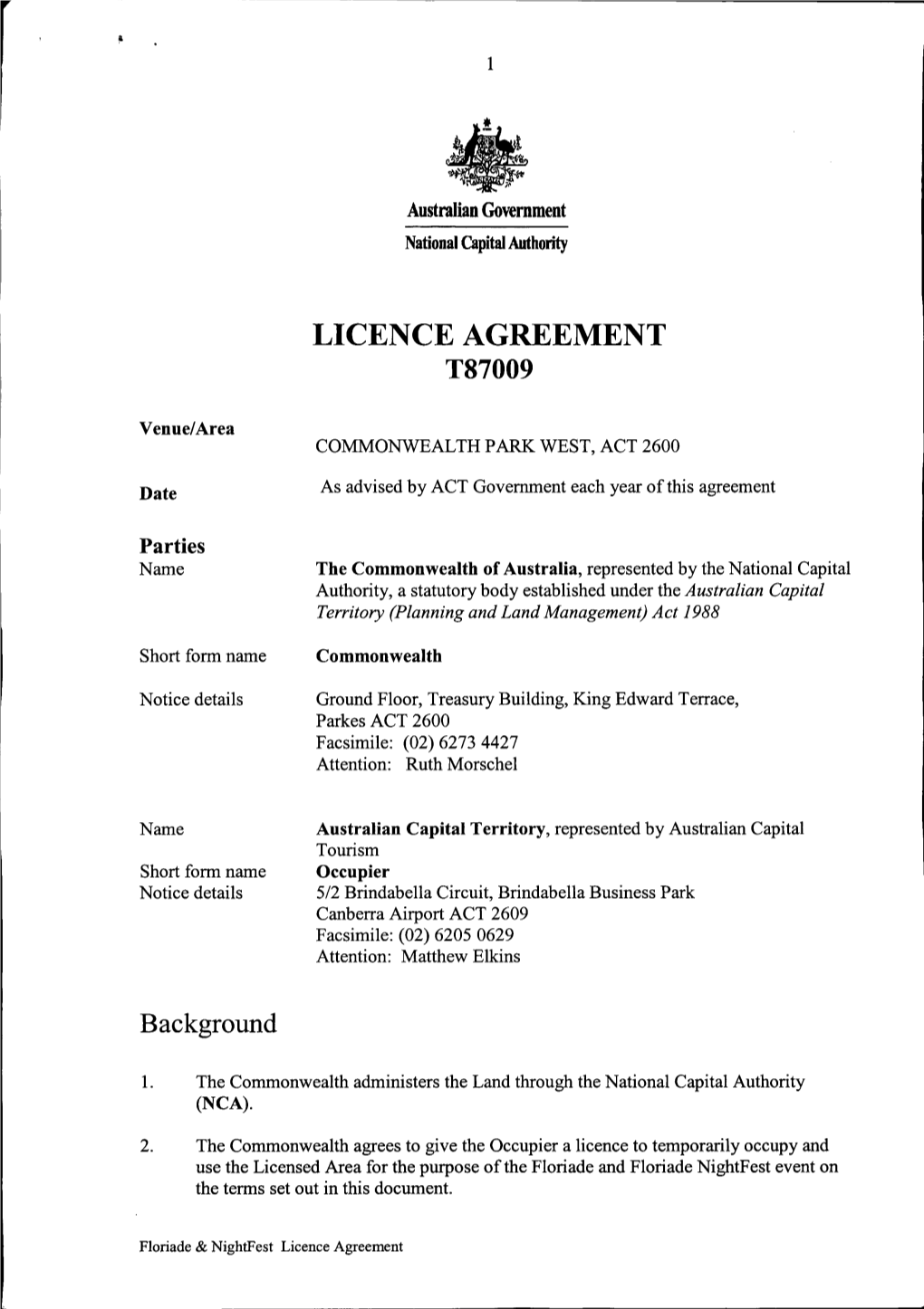 Licence Agreement to Occupying Commonwealth Park for The