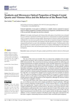 Terahertz and Microwave Optical Properties of Single-Crystal Quartz and Vitreous Silica and the Behavior of the Boson Peak