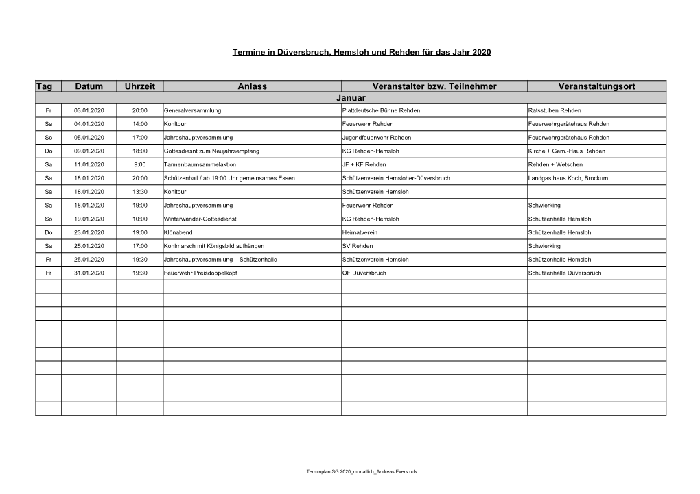 Terminübersicht Für Düversbruch, Hemsloh Und Rehden