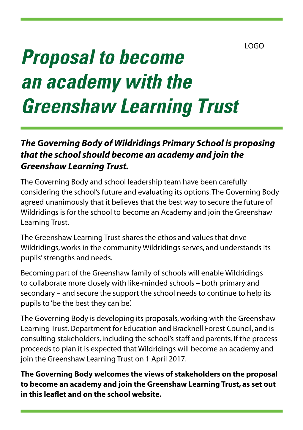 Proposal to Become an Academy with the Greenshaw Learning Trust