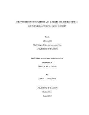 EARLY MODERN WOMEN WRITERS and HUMILITY AS RHETORIC: AEMILIA LANYER's TABLE-TURNING USE of MODESTY Thesis Submitted to the Co