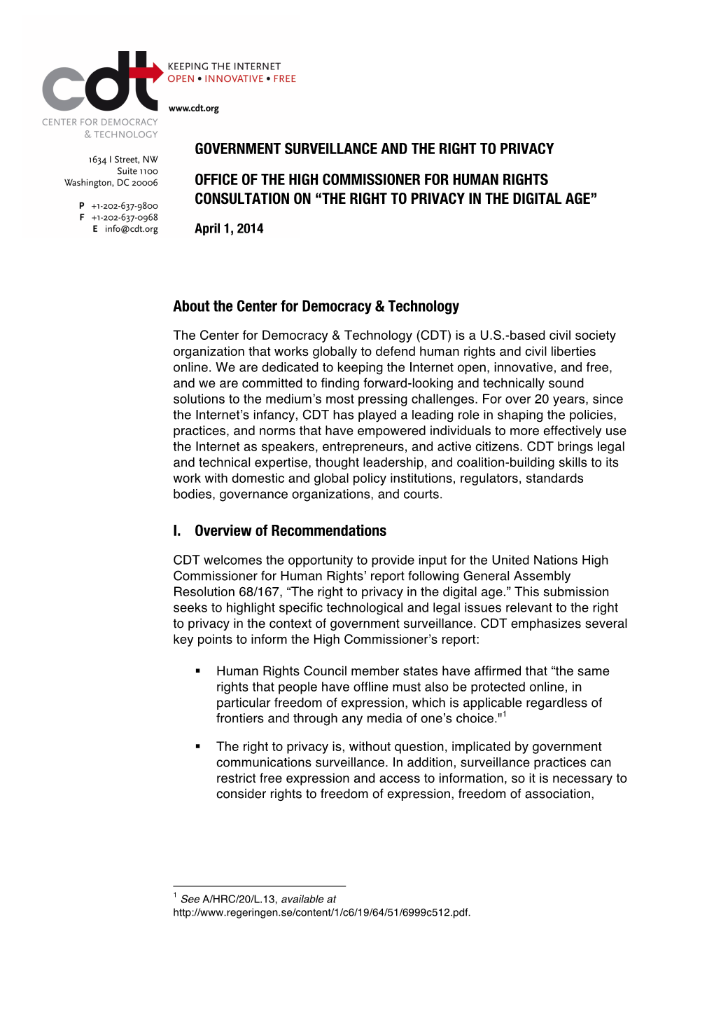CDT Submission OHCHR Consultation on Privacy