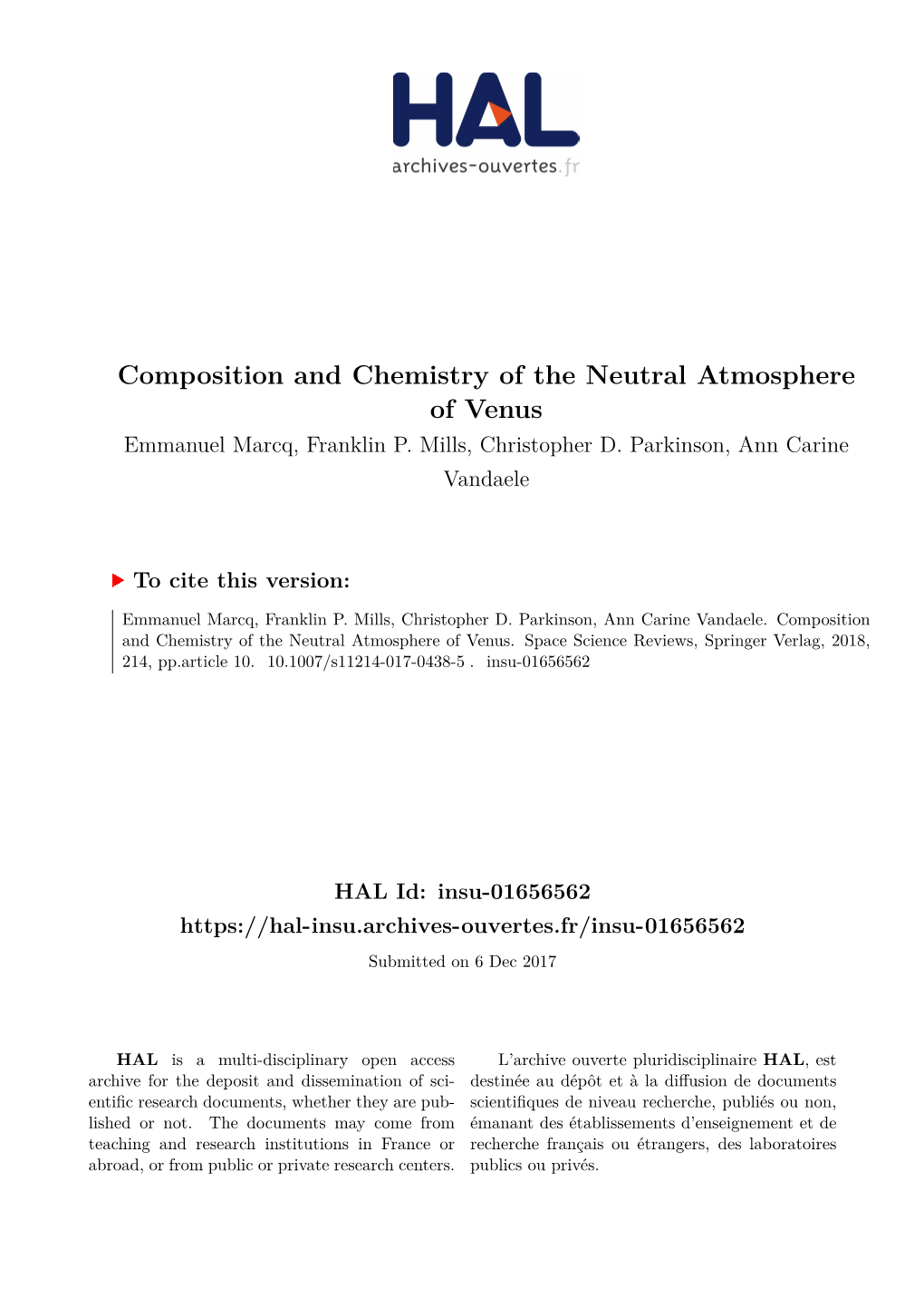 Composition and Chemistry of the Neutral Atmosphere of Venus Emmanuel Marcq, Franklin P