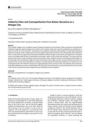 Solidarity Cities and Cosmopolitanism from Below: Barcelona As a Refugee City