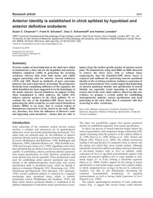 Anterior Identity Is Established in Chick Epiblast by Hypoblast and Anterior Deﬁnitive Endoderm Susan C