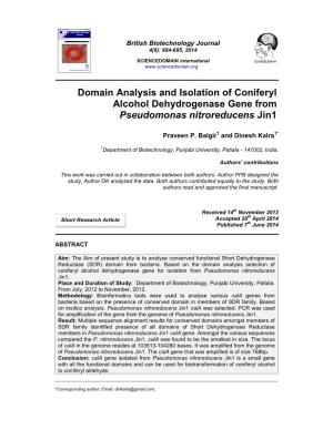 Domain Analysis and Isolation of Coniferyl Alcohol Dehydrogenase Gene from Pseudomonas Nitroreducens Jin1
