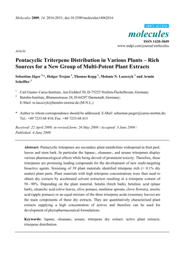 Pentacyclic Triterpene Distribution in Various Plants – Rich Sources for a New Group of Multi-Potent Plant Extracts