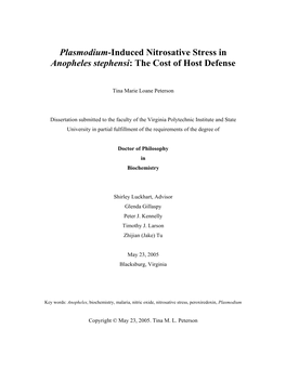 Plasmodium-Induced Nitrosative Stress in Anopheles Stephensi: the Cost of Host Defense