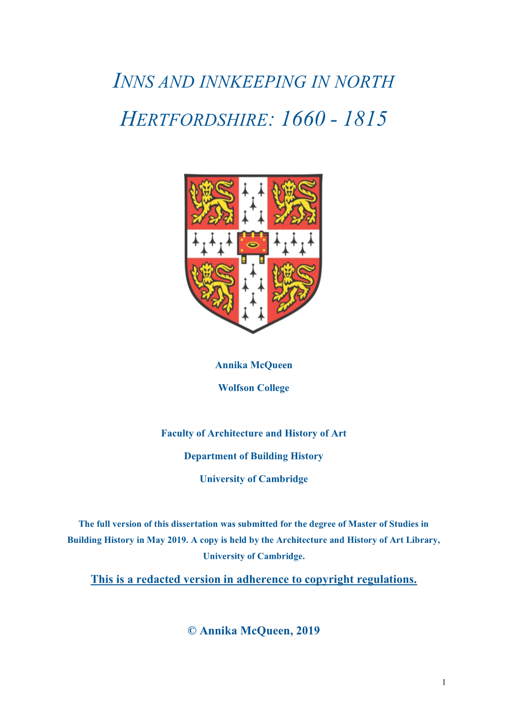 Inns and Innkeeping in North Hertfordshire: 1660