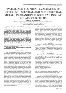 SPATIAL and TEMPORAL EVALUATION of DIFFERENT ESSENTIAL and NON-ESSENTIAL METALS in ABANDONED GOLD TAILINGS at KOLAR GOLD FIELDS Ashok D1, Dr