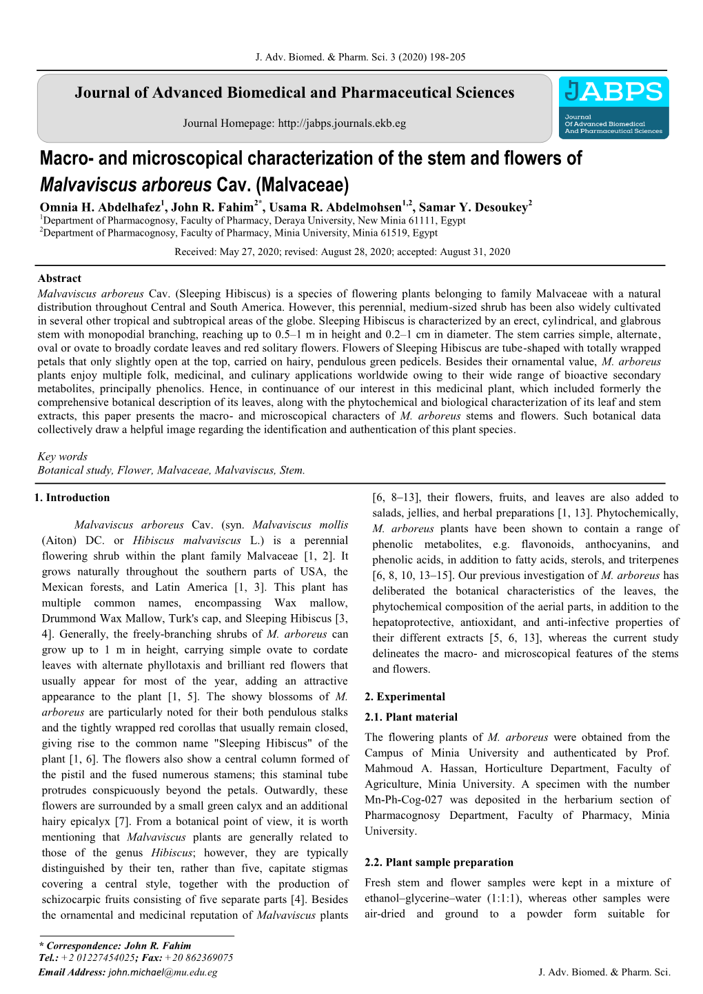 And Microscopical Characterization of the Stem and Flowers of Malvaviscus Arboreus Cav