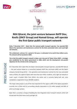 __PRESS RELEASE RKH Qitarat, the Joint Venture Between RATP Dev