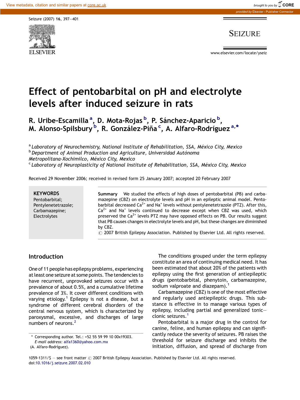 Effect of Pentobarbital on Ph and Electrolyte Levels After Induced Seizure in Rats