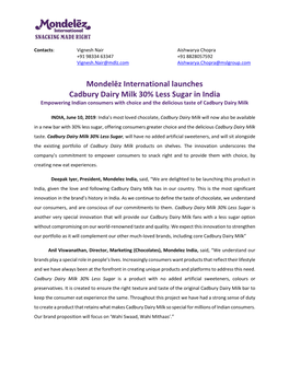 Mondelēz International Launches Cadbury Dairy Milk 30% Less Sugar in India Empowering Indian Consumers with Choice and the Delicious Taste of Cadbury Dairy Milk