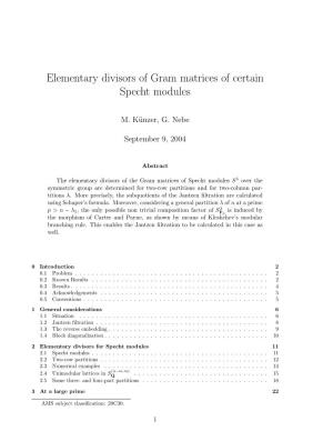 Elementary Divisors of Gram Matrices of Certain Specht Modules