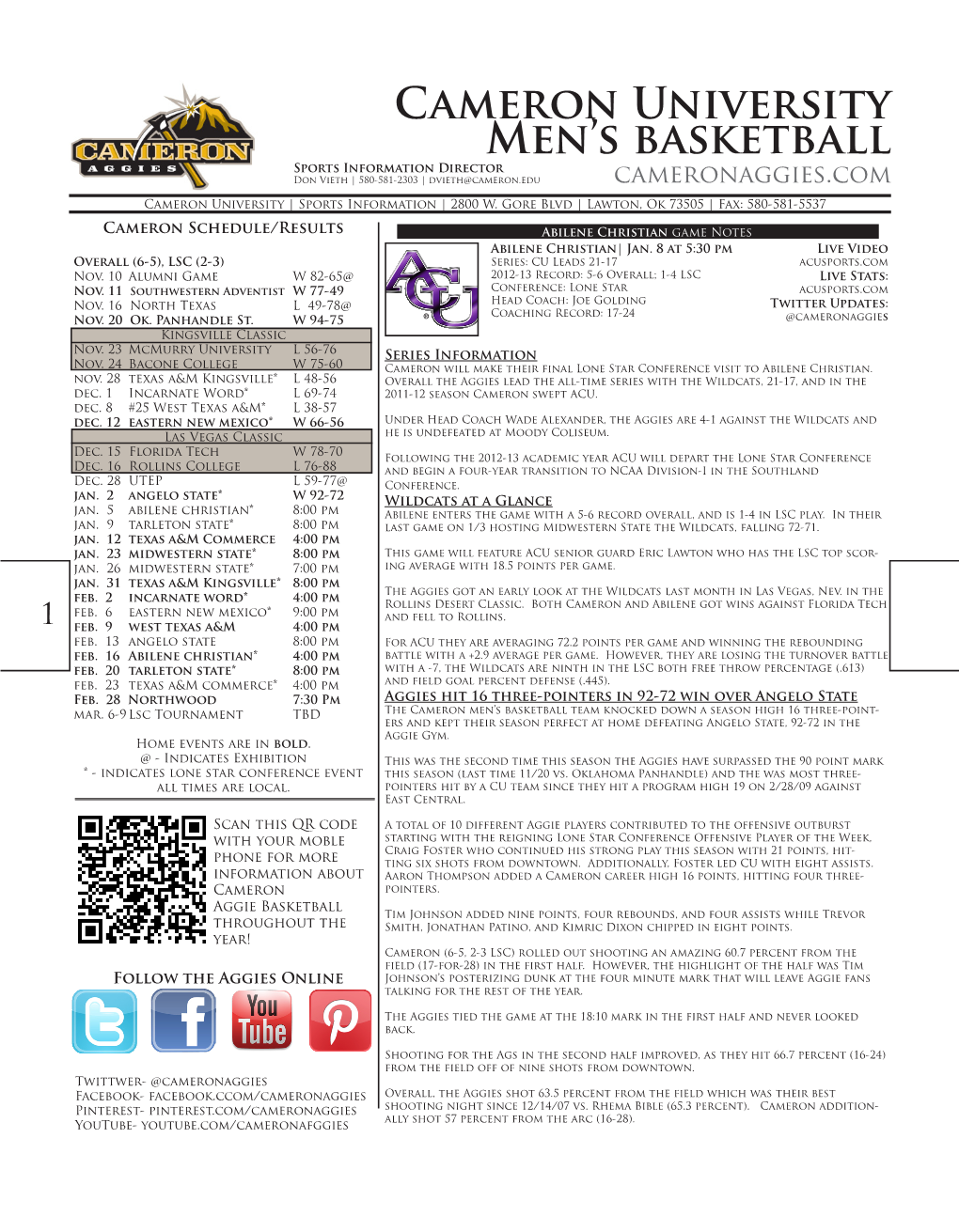 Cameron University Men's Basketball Cameron Combined Team Statistics (As of Jan 03, 2013) All Games