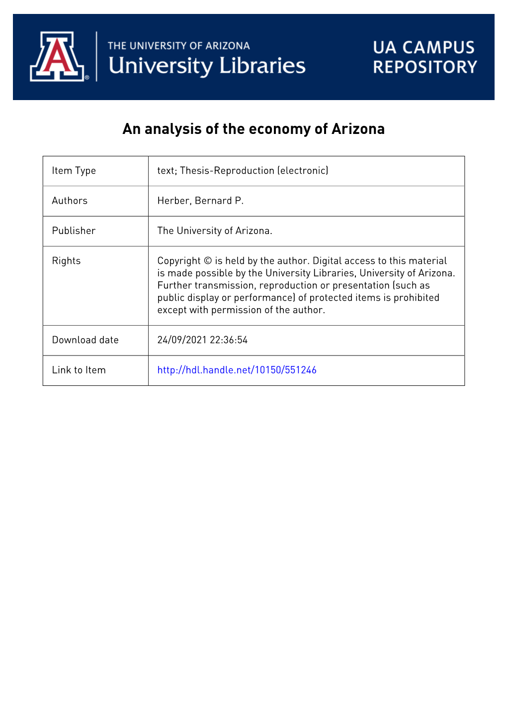 AN ANALYSIS of the ECONOMY of ARIZONA by Bernard Paul Berber