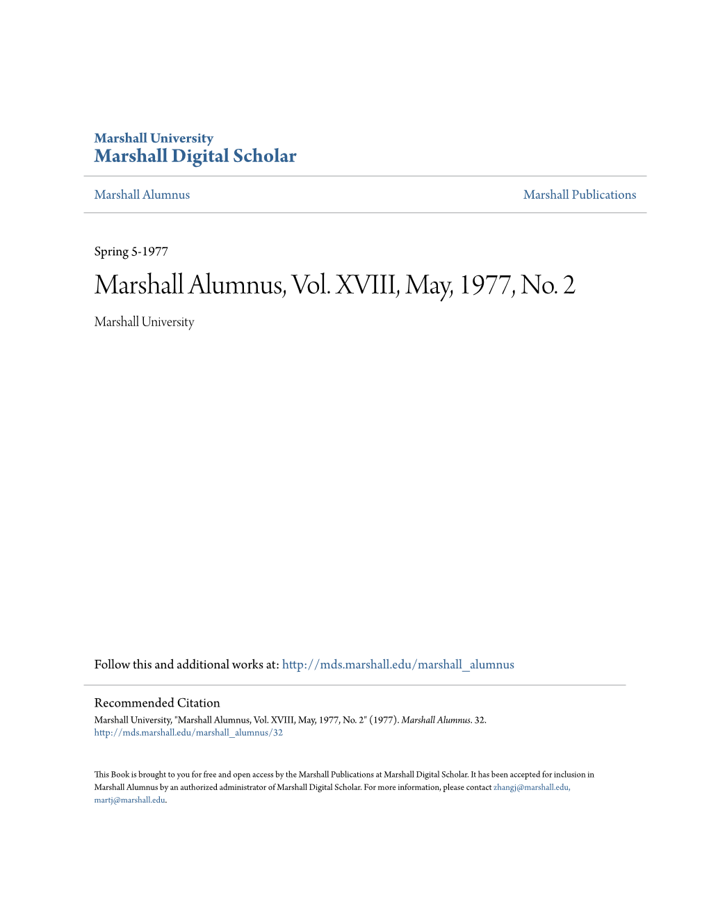 Marshall Alumnus, Vol. XVIII, May, 1977, No. 2 Marshall University