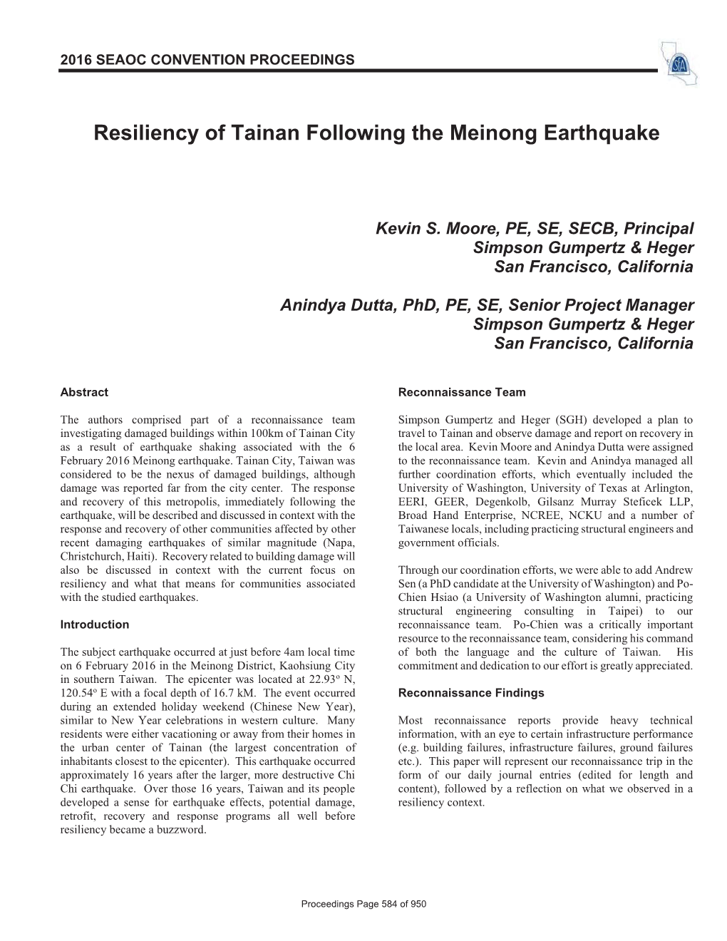 Resiliency of Tainan Following the Meinong Earthquake