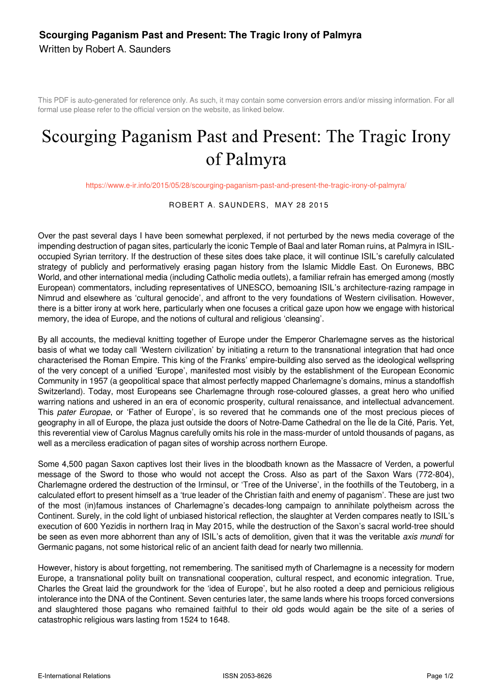 Scourging Paganism Past and Present: the Tragic Irony of Palmyra Written by Robert A