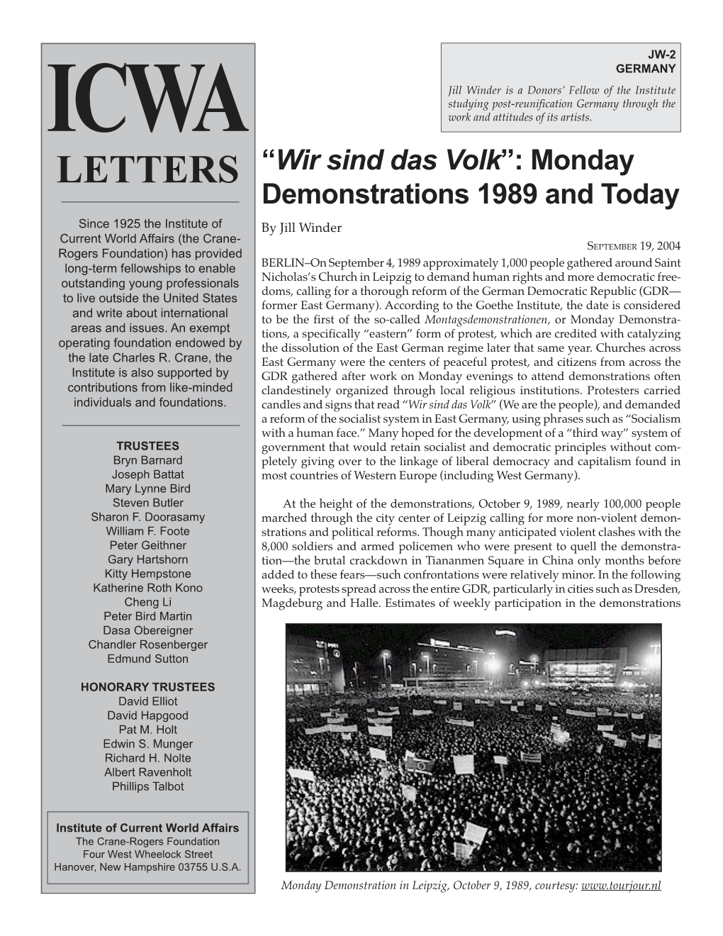 “Wir Sind Das Volk”: Monday Demonstrations 1989 and Today