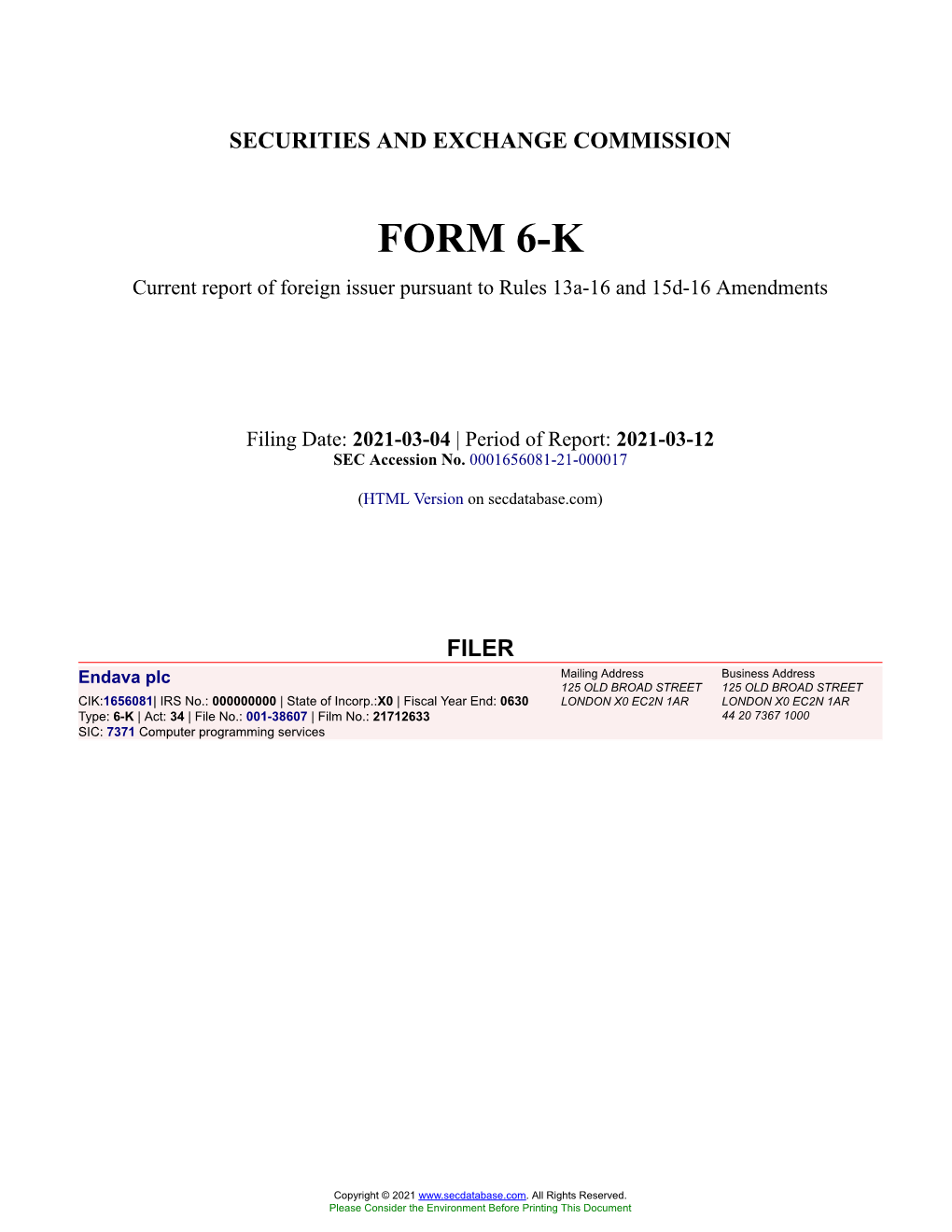 Endava Plc Form 6-K Current Event Report Filed