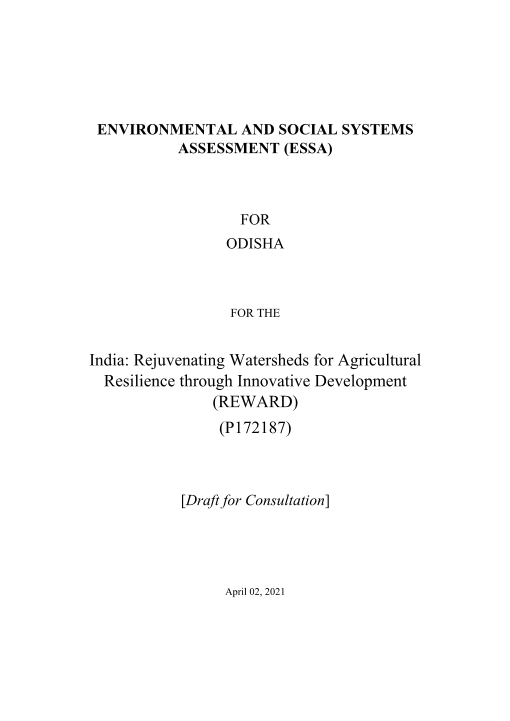 India: Rejuvenating Watersheds for Agricultural Resilience Through Innovative Development (REWARD) (P172187)