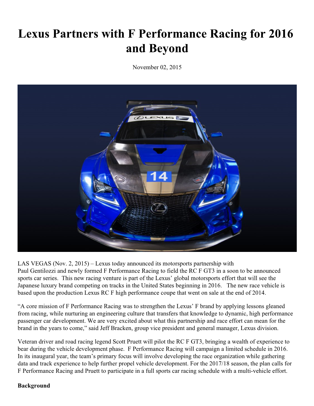 Lexus Partners with F Performance Racing for 2016 and Beyond