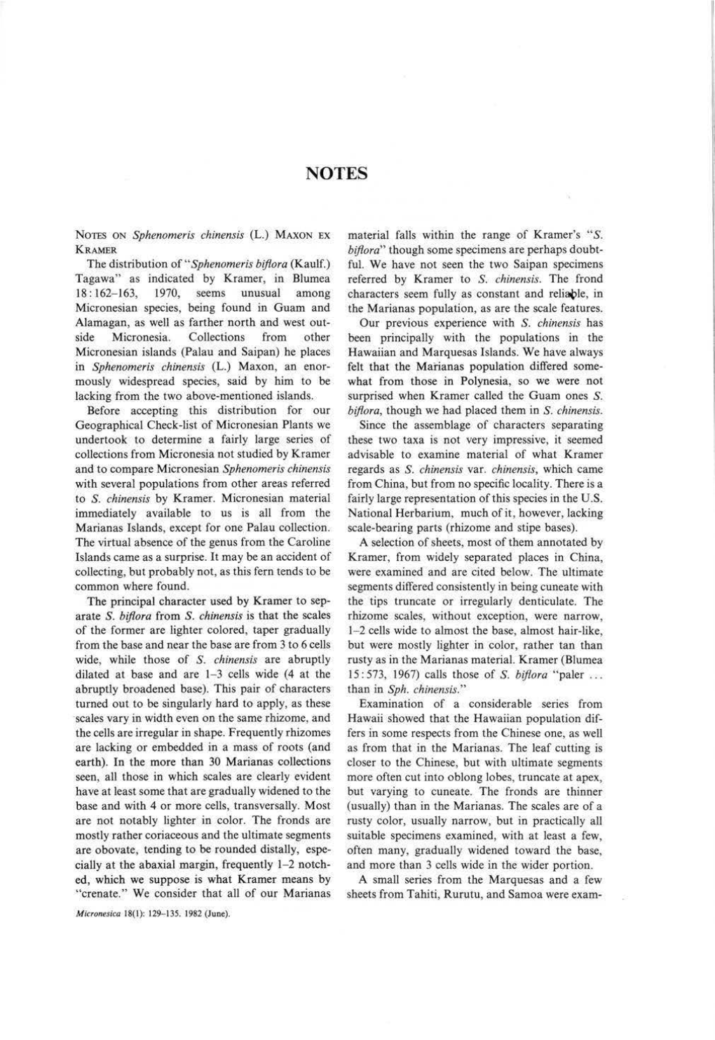 Notes on Sphenomeris Chinensis (L.) MAXON EX Material Falls with in the Range of Kramer's 