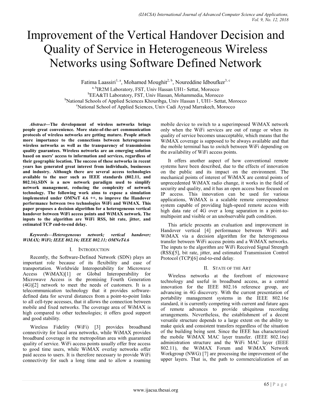 Improvement of the Vertical Handover Decision and Quality of Service in Heterogeneous Wireless Networks Using Software Defined Network