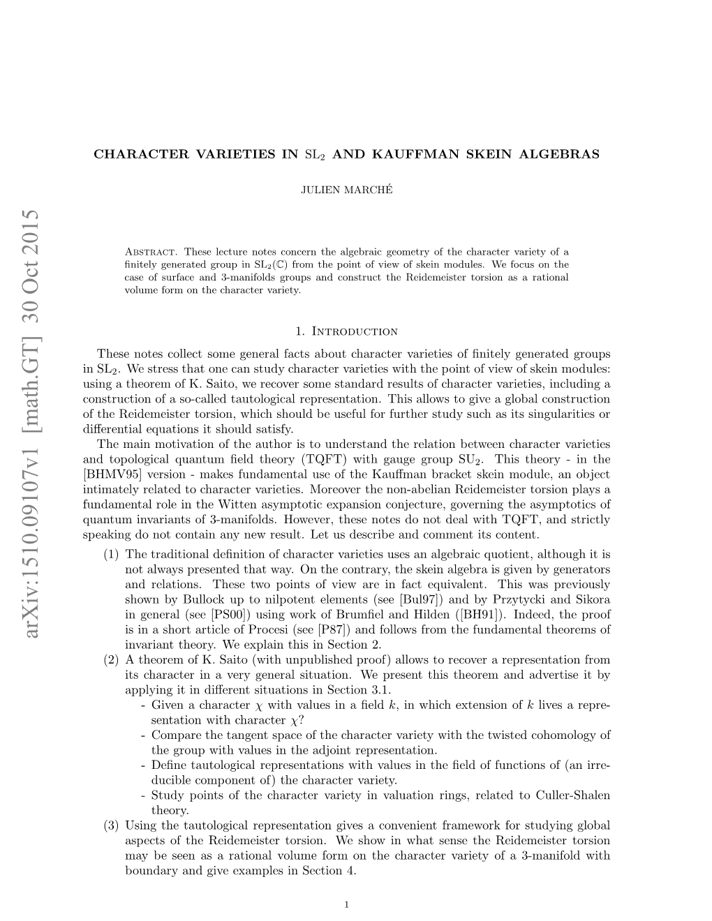 Character Varieties in SL 2 and Kauffman Skein Algebras