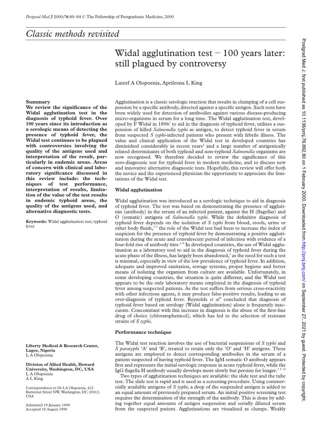 Classic Methods Revisited Widal Agglutination Test − 100 Years Later