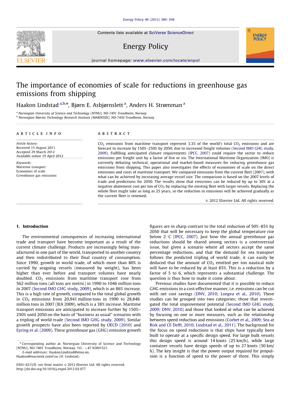 The Importance of Economies of Scale for Reductions in Greenhouse Gas Emissions from Shipping