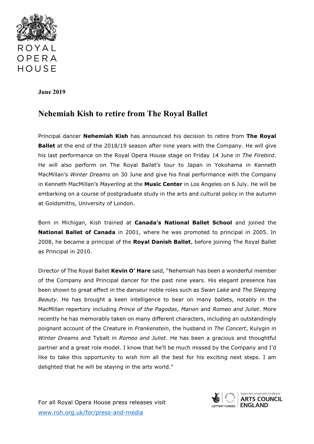 The Royal Ballet Leavers 2019 Press Release