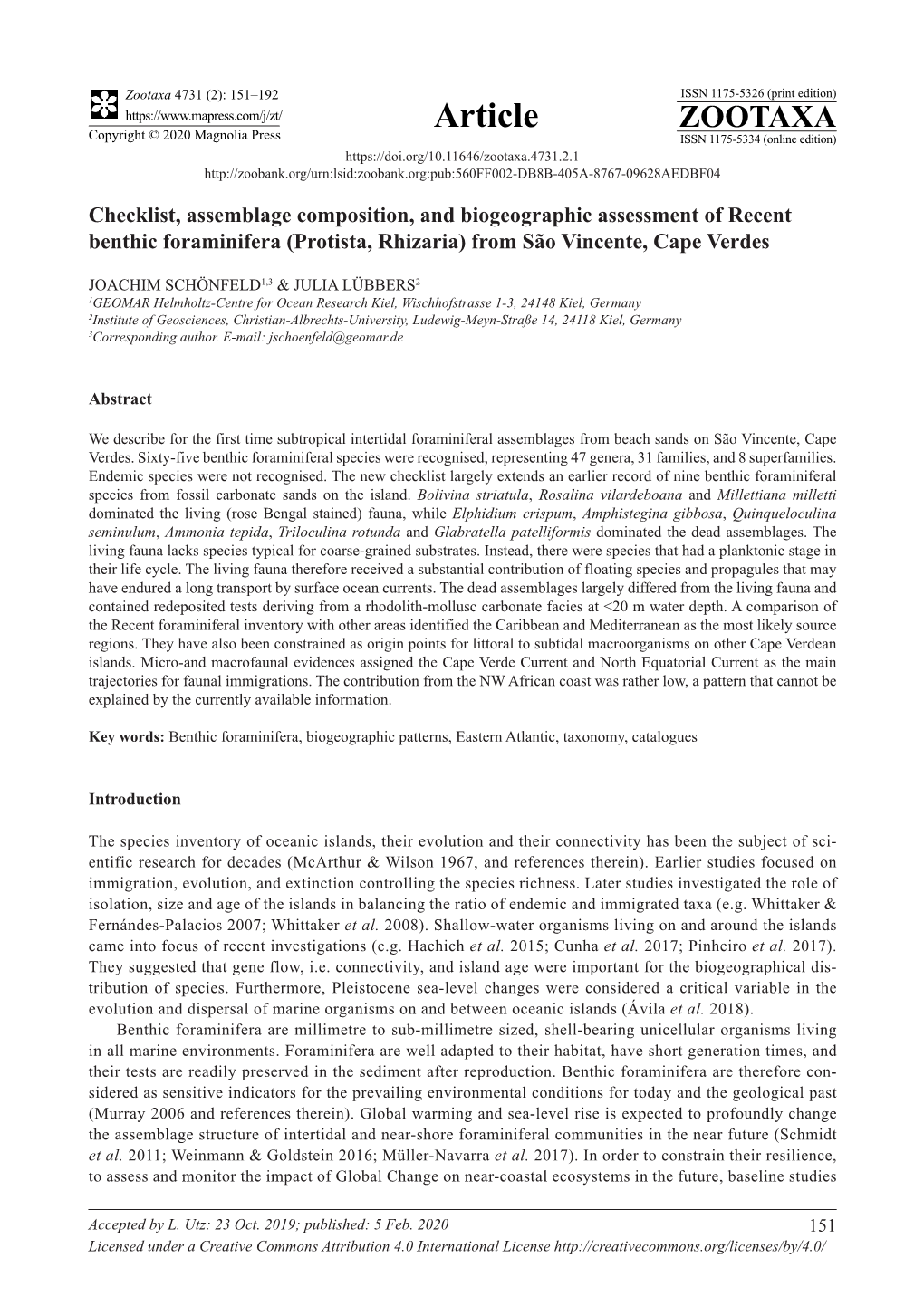 Checklist, Assemblage Composition, and Biogeographic Assessment of Recent Benthic Foraminifera (Protista, Rhizaria) from São Vincente, Cape Verdes