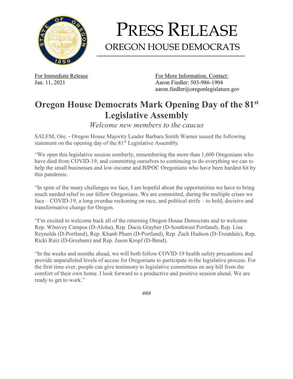 Press Release Oregon House Democrats