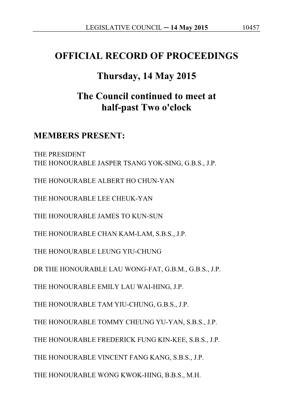 OFFICIAL RECORD of PROCEEDINGS Thursday, 14 May