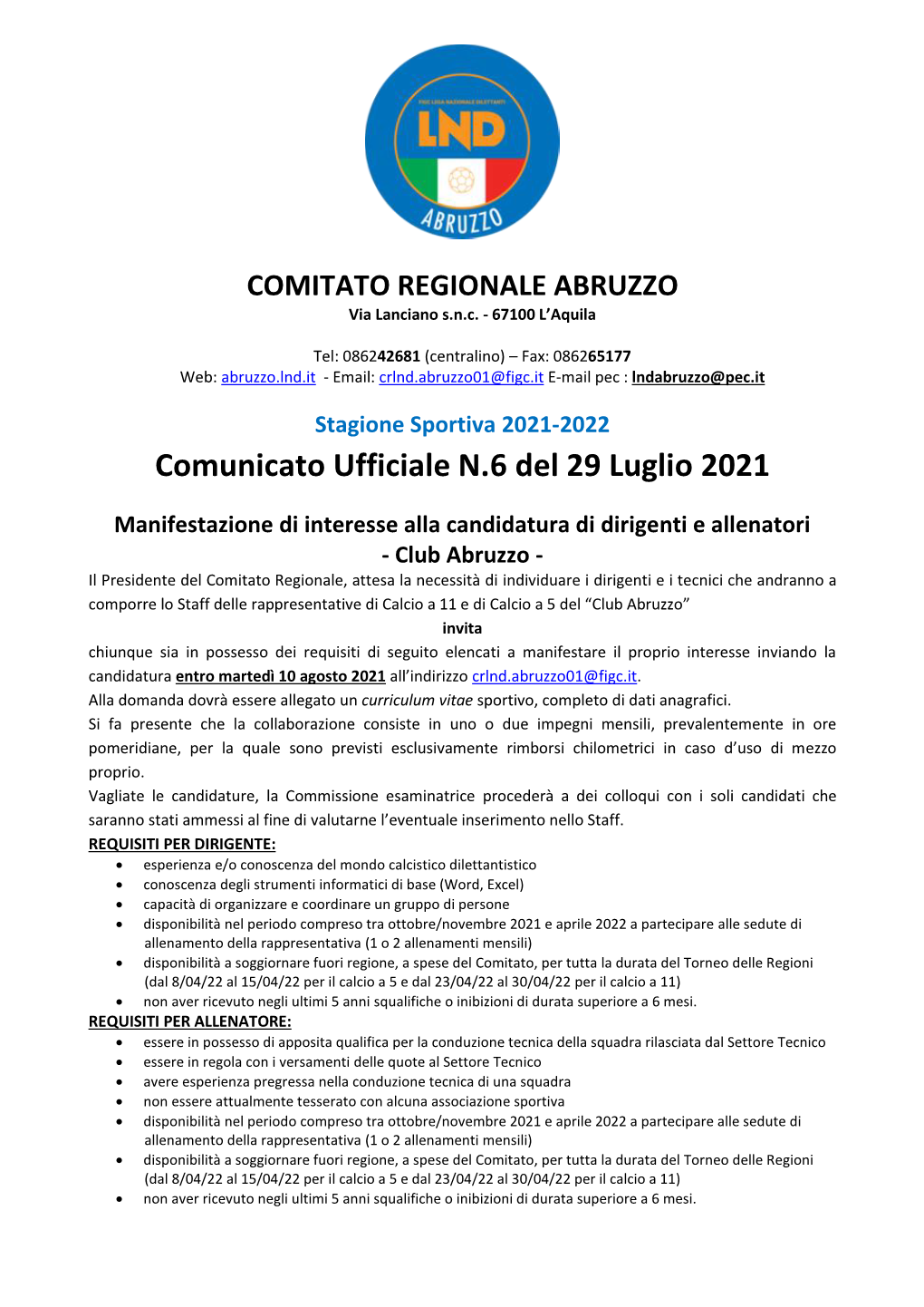 Comunicato Ufficiale N.6 Del 29 Luglio 2021