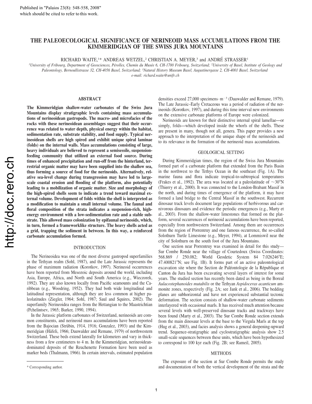 The Paleoecological Significance of Nerineoid Mass Accumulations from the Kimmeridgian of the Swiss Jura Mountains