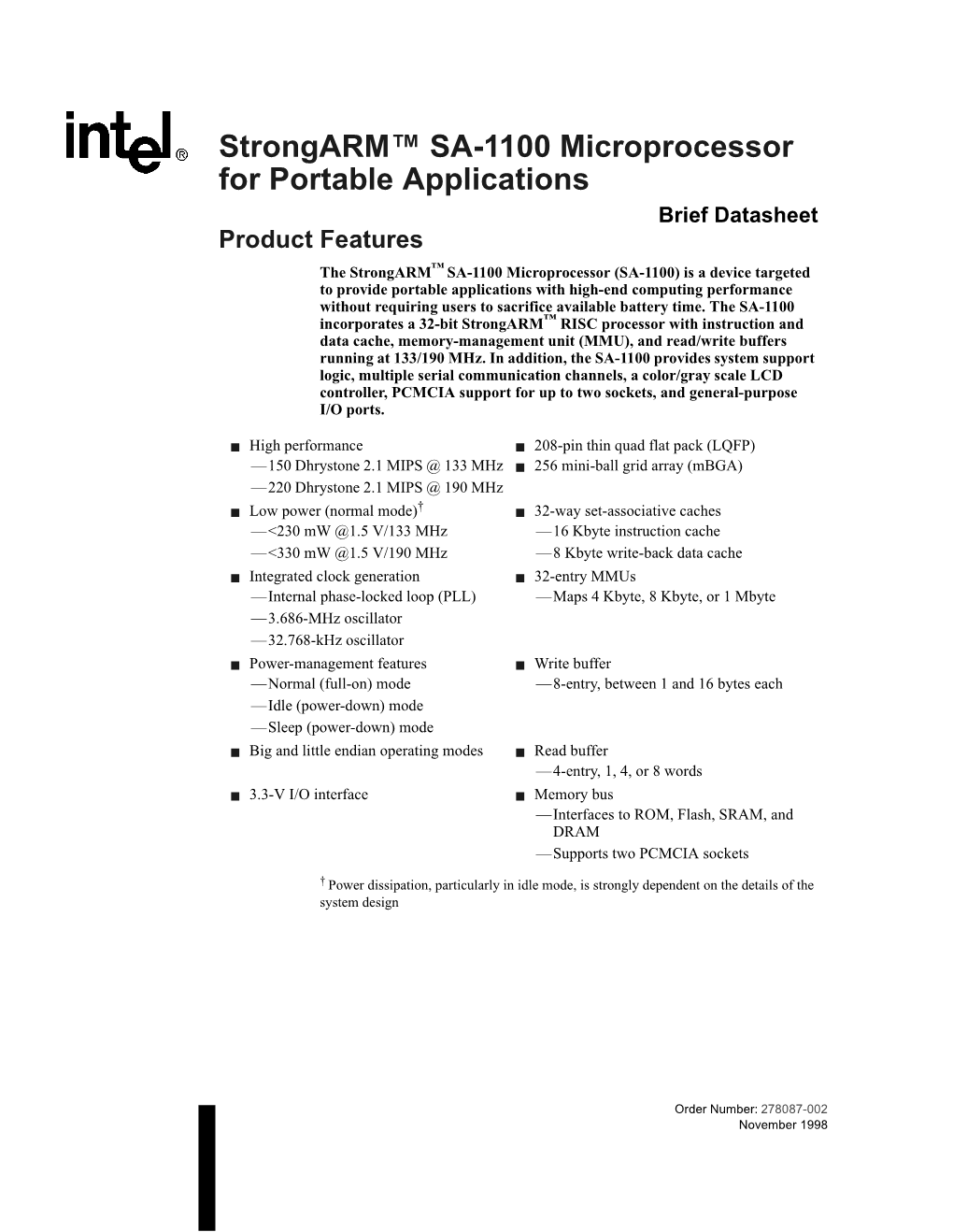 Strongarm™ SA-1100 Microprocessor for Portable