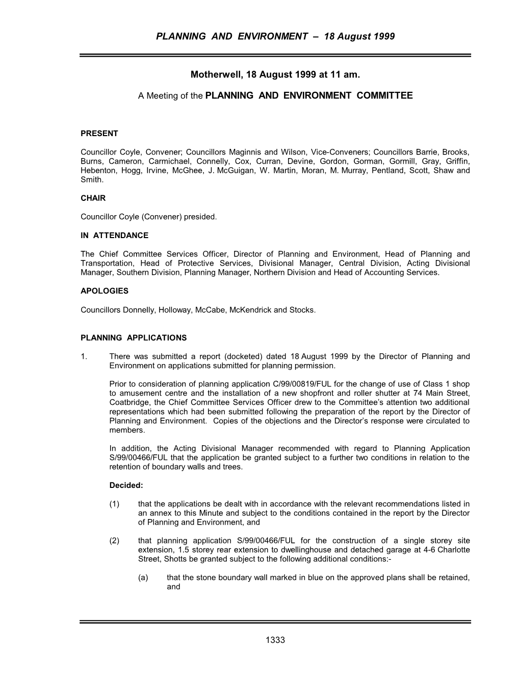 PLANNING and ENVIRONMENT – 18 August 1999 Motherwell, 18