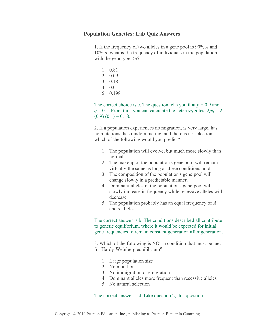 Population Genetics: Lab Quiz Answers