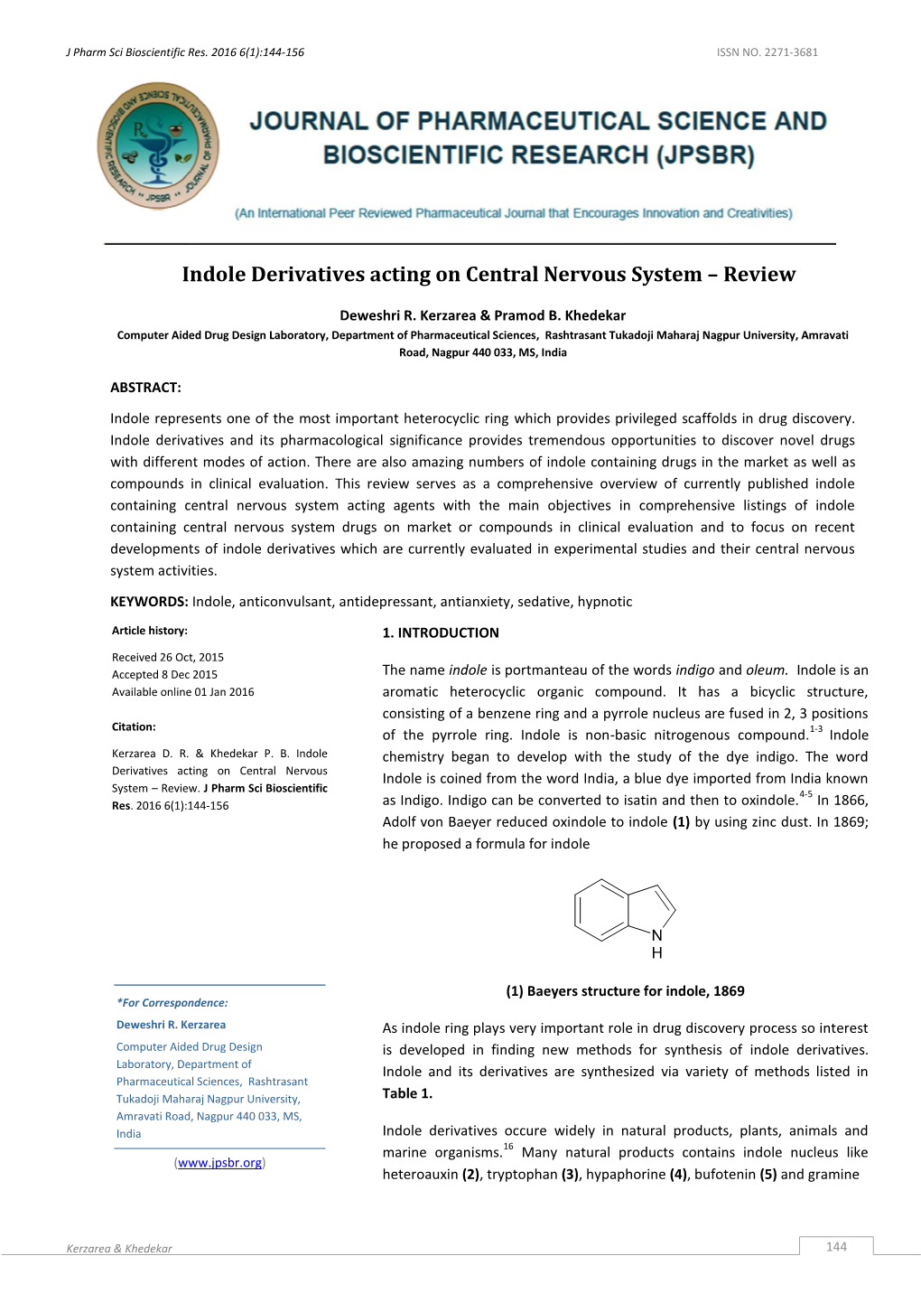 Indole Derivatives Acting on Central Nervous System – Review